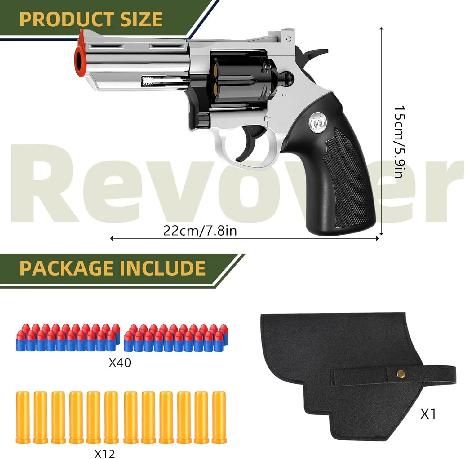 Toy Gun，Soft Bullet Revolver, Game Slingshot Toy Gun, Foam Blaster with Sponge Bullets, for Children Ages 8 and up (Silver)