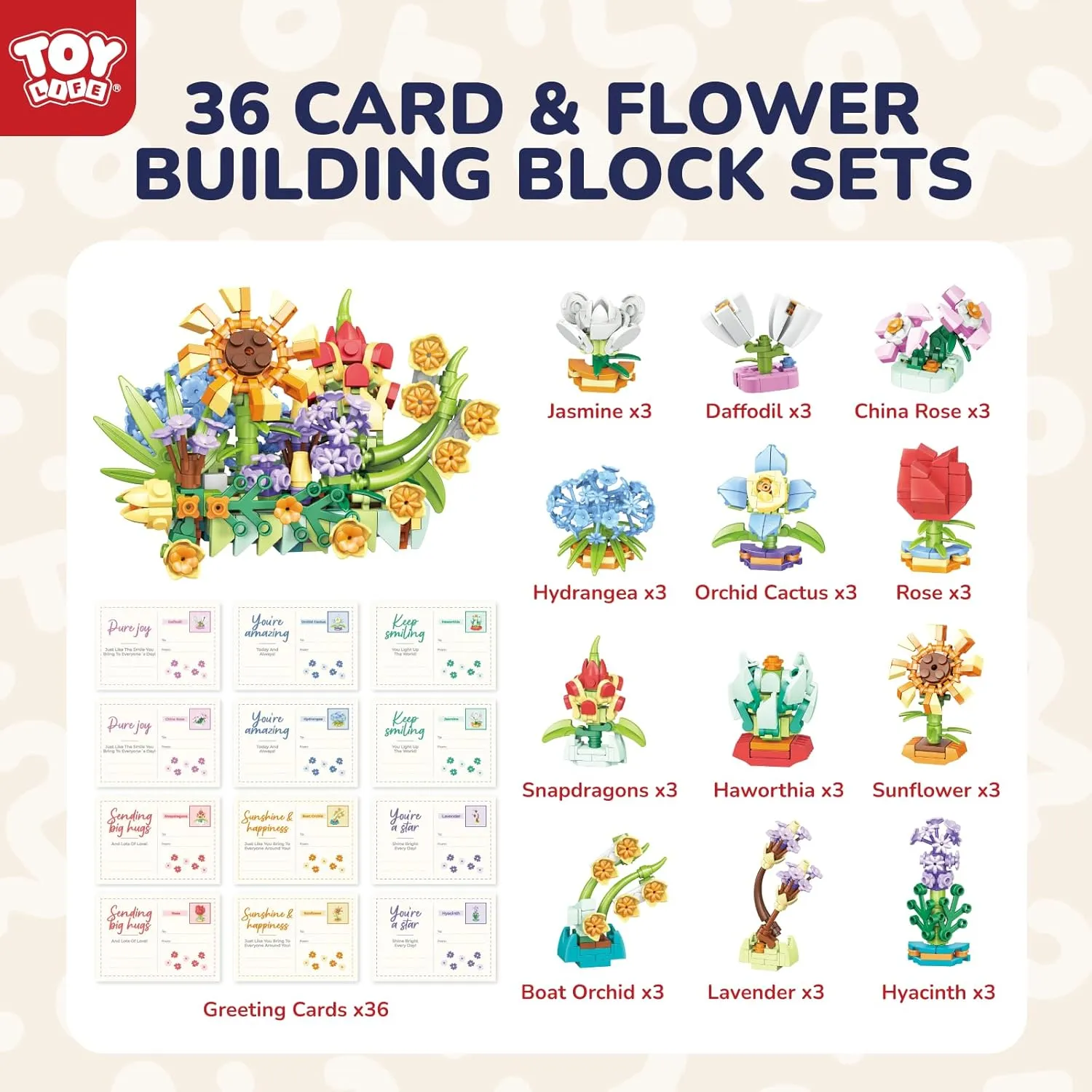 TOY Life 36 Pack Party Favors for Kids, Tiny Plants Mini Flowers Building Blocks Set for Classroom Prize, Flowers Botanical Succulents Building Toy with Gift Cards, Birthday Gifts for Boys Girls 6 