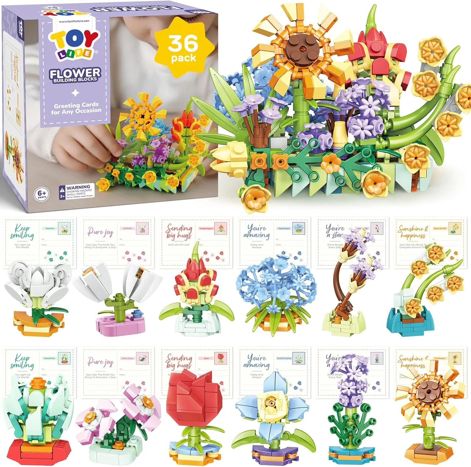 TOY Life 36 Pack Party Favors for Kids, Tiny Plants Mini Flowers Building Blocks Set for Classroom Prize, Flowers Botanical Succulents Building Toy with Gift Cards, Birthday Gifts for Boys Girls 6 