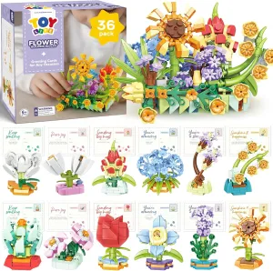 TOY Life 36 Pack Party Favors for Kids, Tiny Plants Mini Flowers Building Blocks Set for Classroom Prize, Flowers Botanical Succulents Building Toy with Gift Cards, Birthday Gifts for Boys Girls 6 