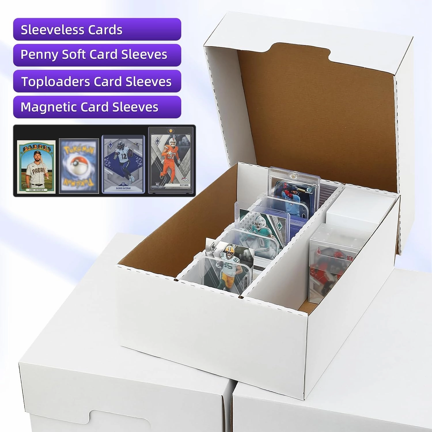 Trading Card Storage Box-3-Row Design/8 Dividers&3 Supporters&50 Soft Sleeves-Fits MTG, TCG, Sports Cards(Sleeved/Unsleeved)-Magnetic&Toploader Compatible-Durable Cardboard (1 Pack)