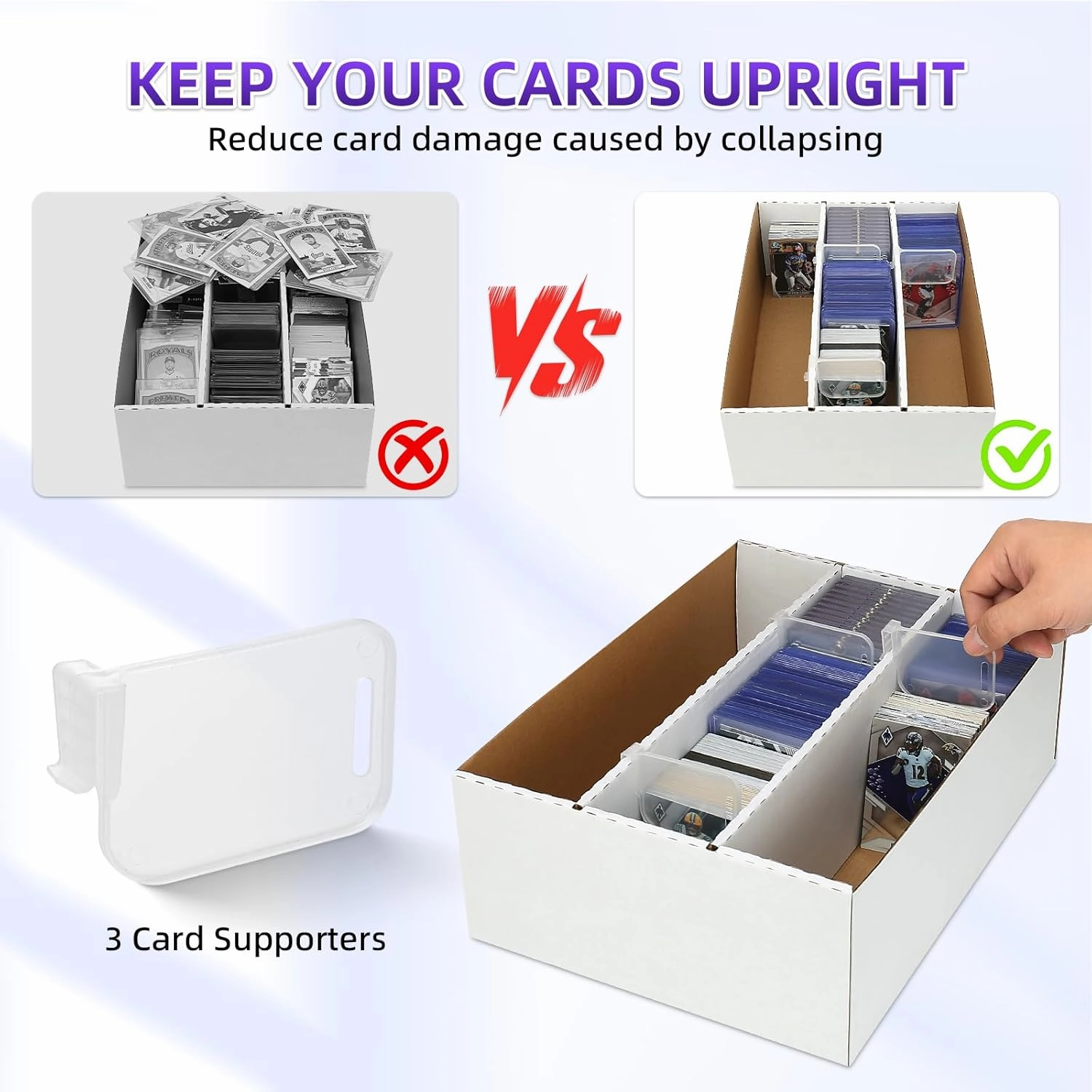 Trading Card Storage Box-3-Row Design/8 Dividers&3 Supporters&50 Soft Sleeves-Fits MTG, TCG, Sports Cards(Sleeved/Unsleeved)-Magnetic&Toploader Compatible-Durable Cardboard (1 Pack)