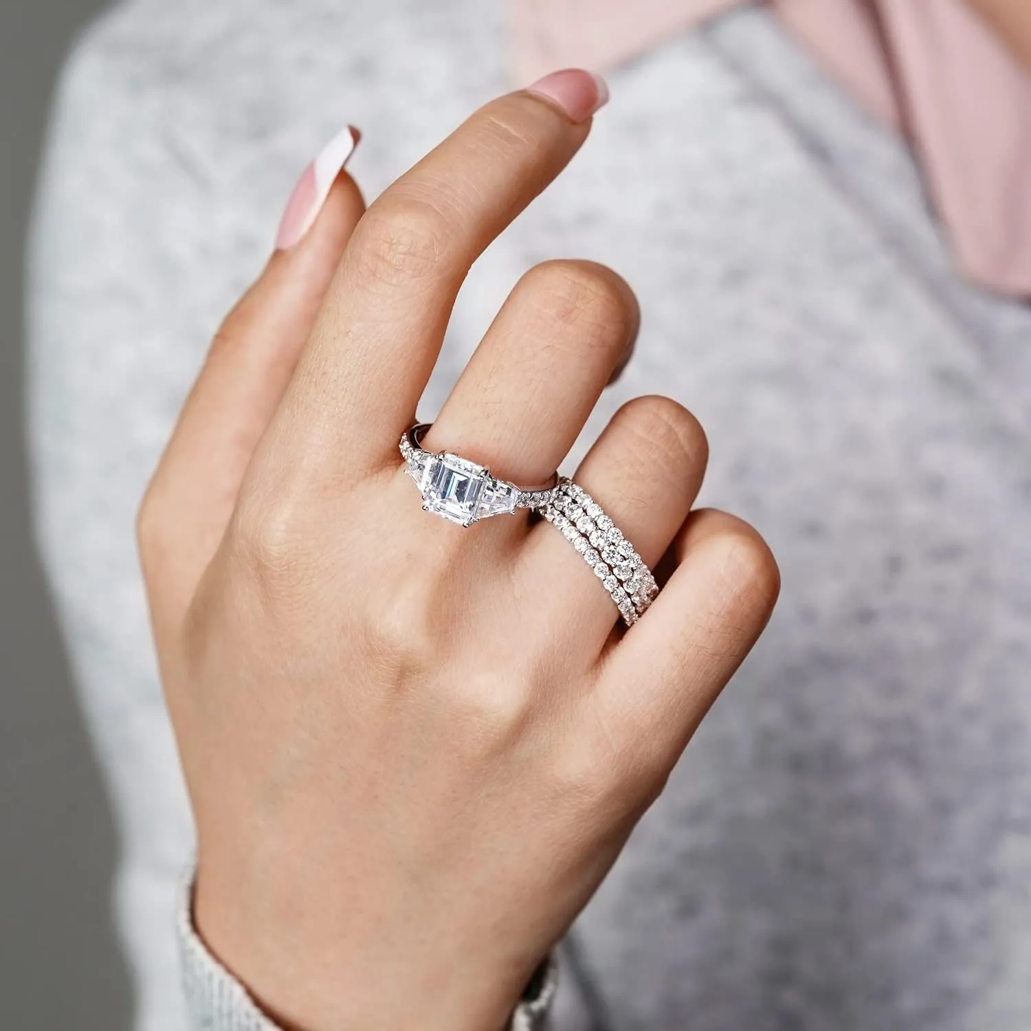 Trapeze & Emerald Cut Ring 925 Sterling Silver Prong Set Engagement Ring Band | 5.00 Carats Cubic Zirconia CZ Simulated Diamond