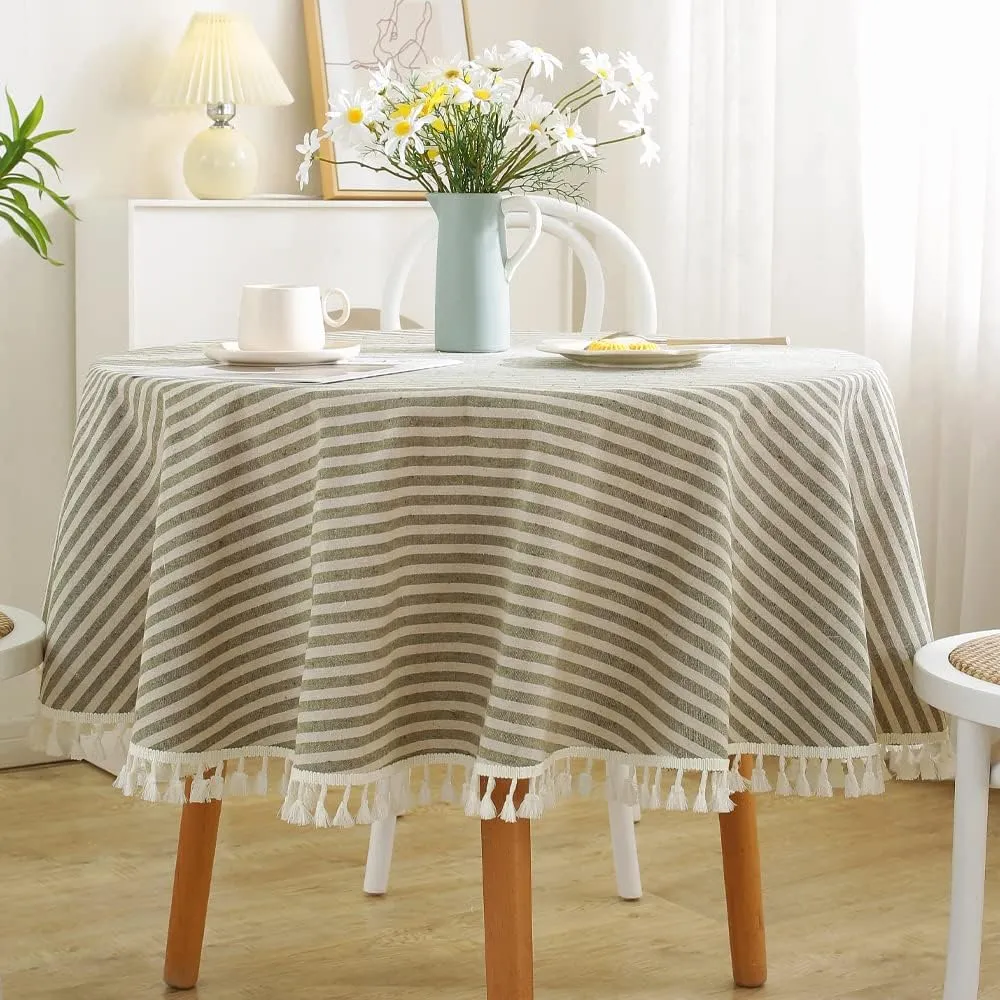 TruDelve Round Tablecloth 70 Inch Olive Green Striped Cloth Tablecloths Spring Outdoor Table Cloth Round Cover (Green,70",Round)