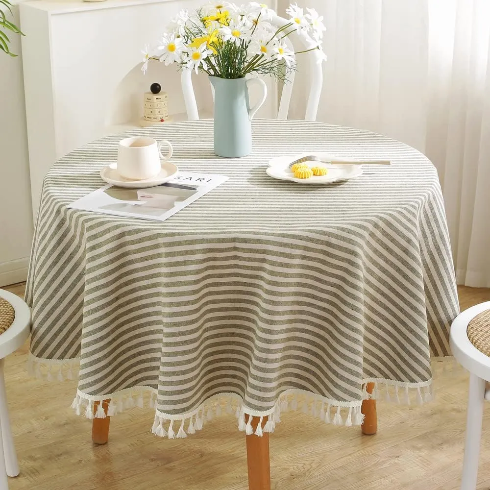 TruDelve Round Tablecloth 70 Inch Olive Green Striped Cloth Tablecloths Spring Outdoor Table Cloth Round Cover (Green,70",Round)