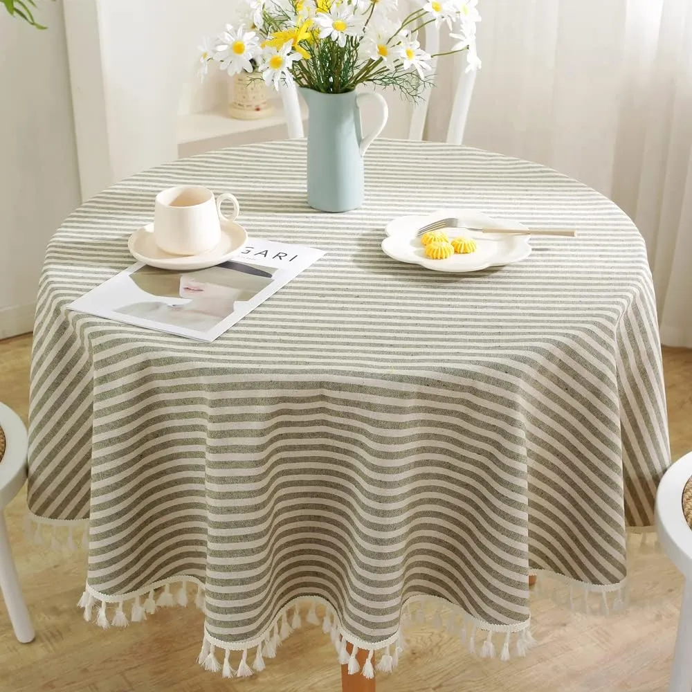 TruDelve Round Tablecloth 70 Inch Olive Green Striped Cloth Tablecloths Spring Outdoor Table Cloth Round Cover (Green,70",Round)