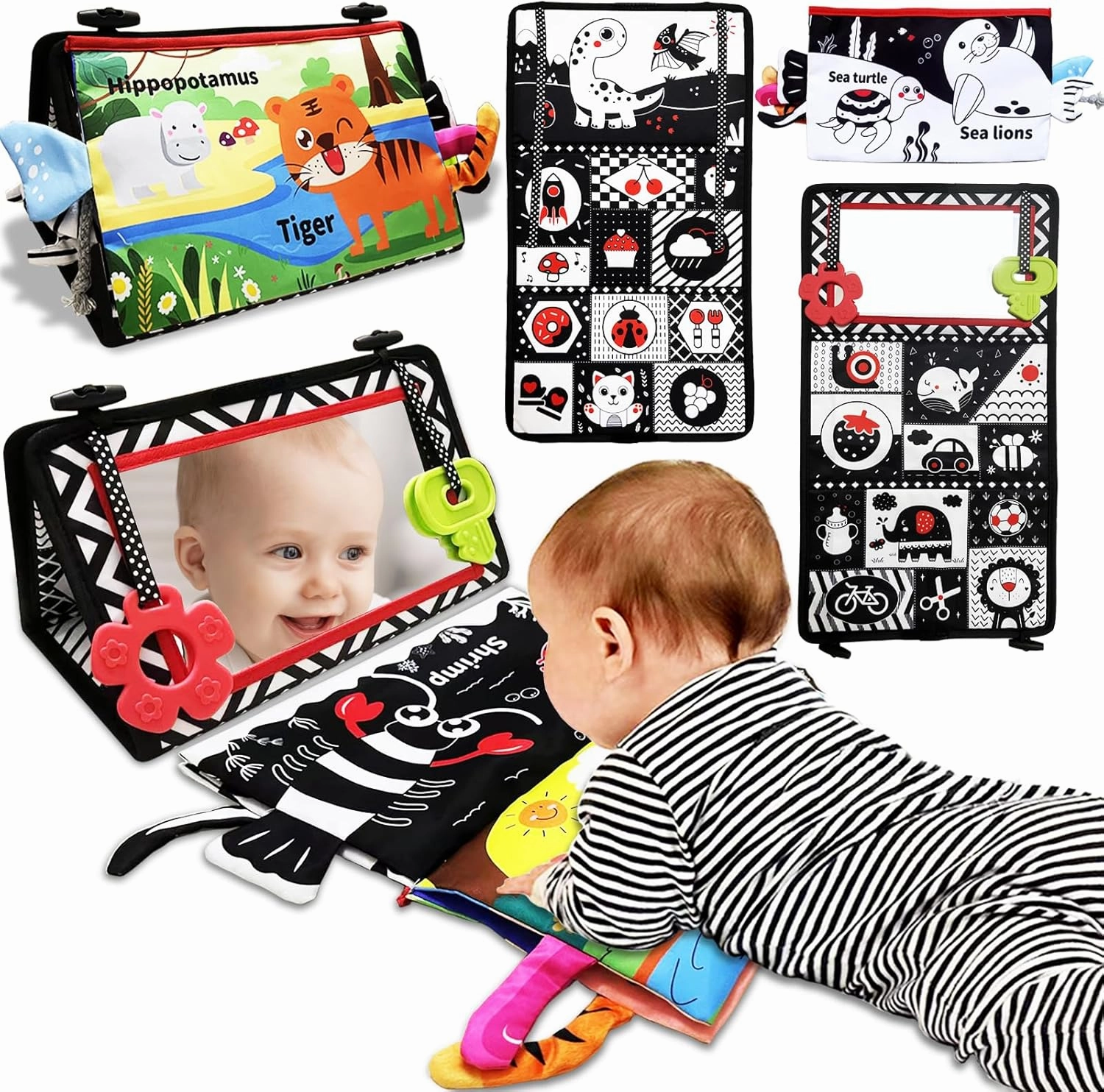 Tummy Time Mirror Newborn Toys: Black and White Infant Tummy Time Toys 0-3 0-6 6-12 Months Babies High Contrast Baby Toy with Baby Book & Teethers Montessori Sensory Floor Toy for Boy Girl Baby Gifts