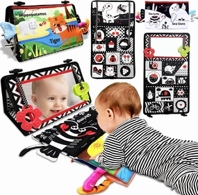 Tummy Time Mirror Newborn Toys: Black and White Infant Tummy Time Toys 0-3 0-6 6-12 Months Babies High Contrast Baby Toy with Baby Book & Teethers Montessori Sensory Floor Toy for Boy Girl Baby Gifts