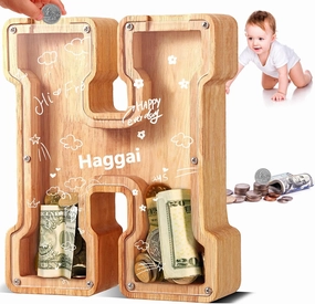 UBeesize Large Piggy Banks Twenty-Six English Alphabet Letter for Boys Girls, Wooden Personalized Bills and Coins Bank Money Box,DIY Name Birthday Gift,Bedroom Living Room Decoration(H)