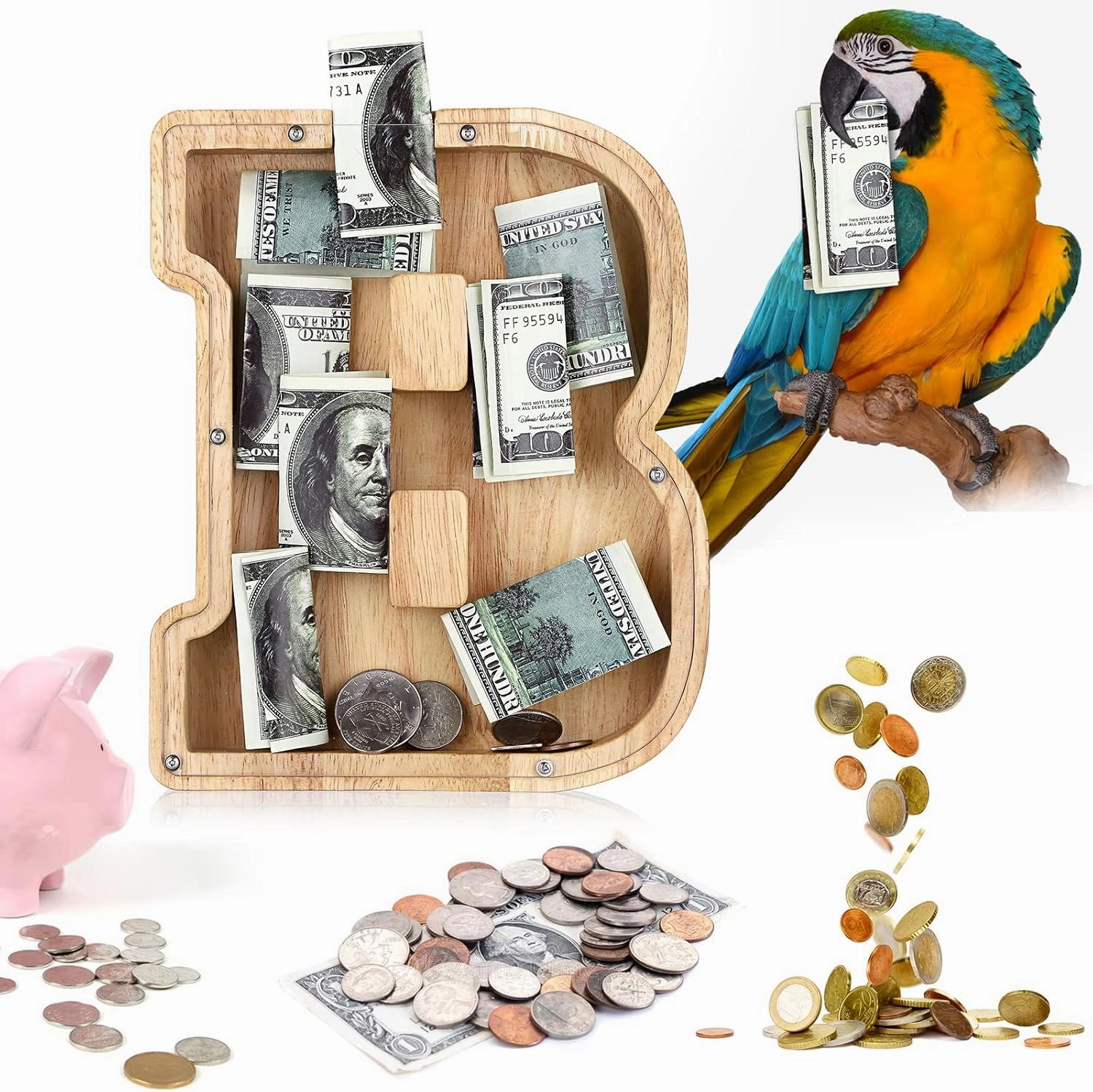 UBeesize Large Piggy Banks Twenty-Six English Alphabet Letter for Boys Girls, Wooden Personalized Bills and Coins Bank Money Box,DIY Name Birthday Gift,Bedroom Living Room Decoration(H)