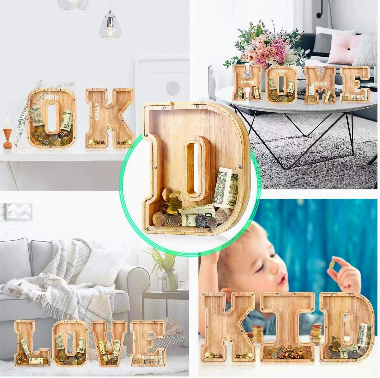 UBeesize Large Piggy Banks Twenty-Six English Alphabet Letter for Boys Girls, Wooden Personalized Bills and Coins Bank Money Box,DIY Name Birthday Gift,Bedroom Living Room Decoration(H)