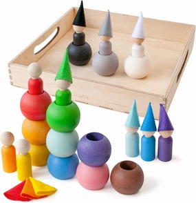 Ulanik Peg Dolls in Balls with Hats Toddler Montessori Toys for 3 Year Old   Wooden Waldorf Dolls for Learning Color Sorting and Counting — 12 Gnomes, 2.36 in