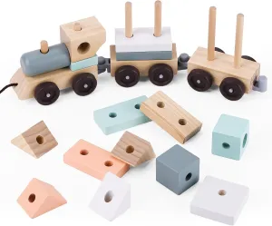umu Stacking Train - Classic Wooden Toy (17 pcs) - Train Set, Wooden Sorting & Stacking Toys for Toddlers Ages 2  Years Old, Multi-Colored