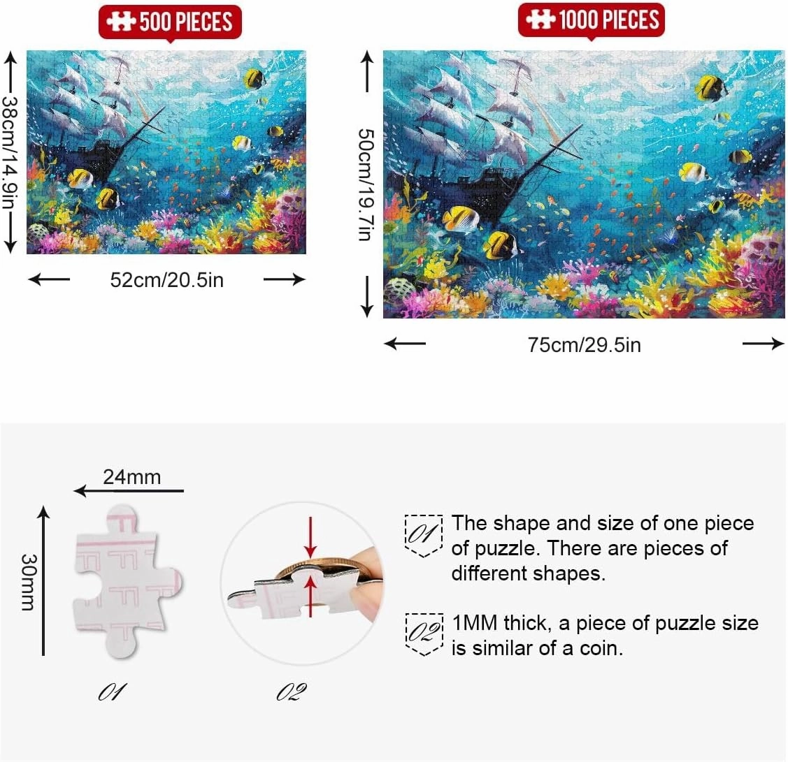 Underwater Scene with Fish Puzzle 500 Pieces, Large Puzzles for Adults, Game Night