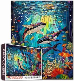 Underwater World Stained Glass Jigsaw Puzzle 1000 Pieces for Adults, (Whales, Corals, Ocean Fish) Art Puzzles Colorful DIY Crafts Puzzles for Home Decor Gifts, Family Challenging for Game Nights