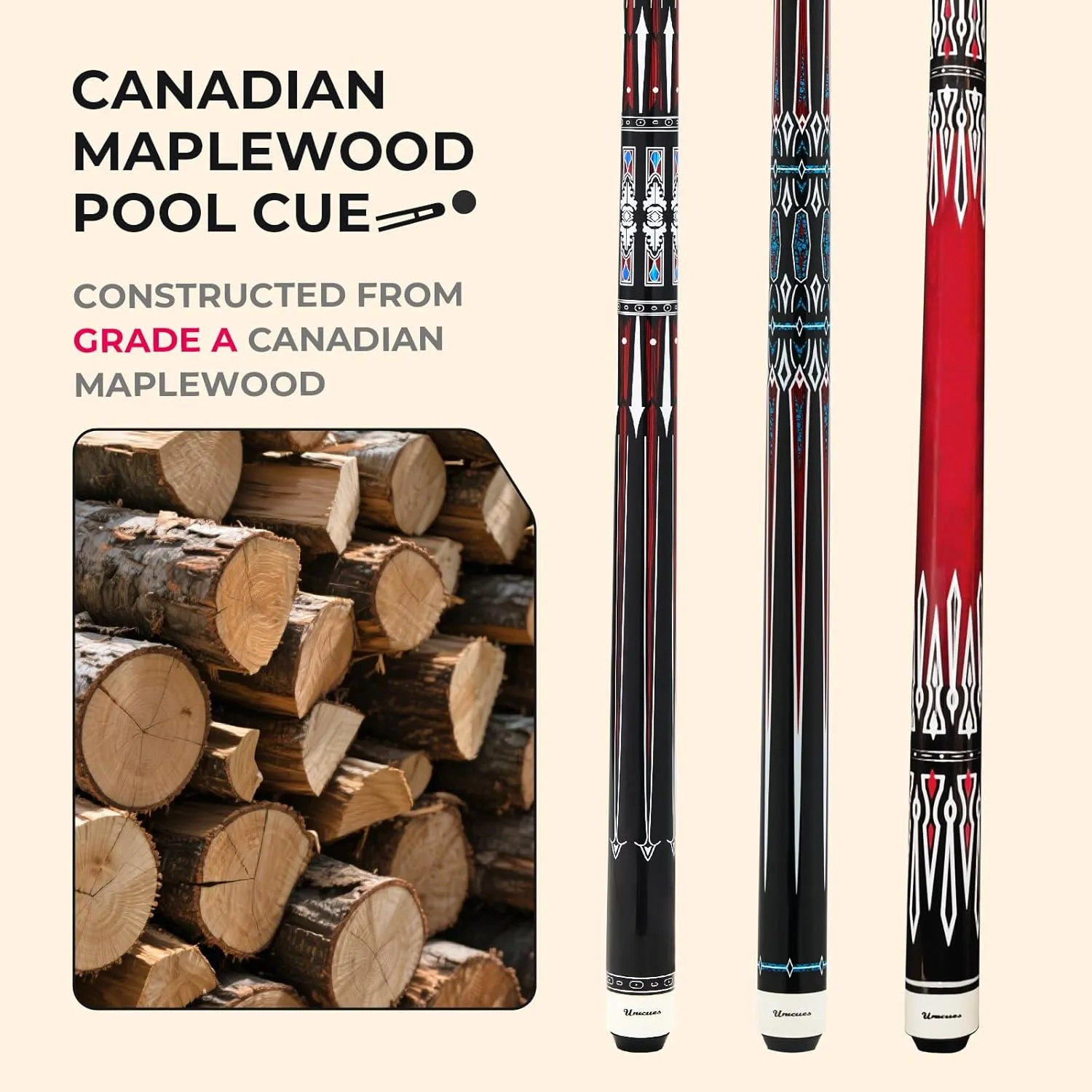 Unicues Premium Maple Wood Pool Cue Stick with Case, 58" Professional Cue Stick for Billiards with 12.5mm Tip, Grade A Canadian Maplewood Cue with Decal Design