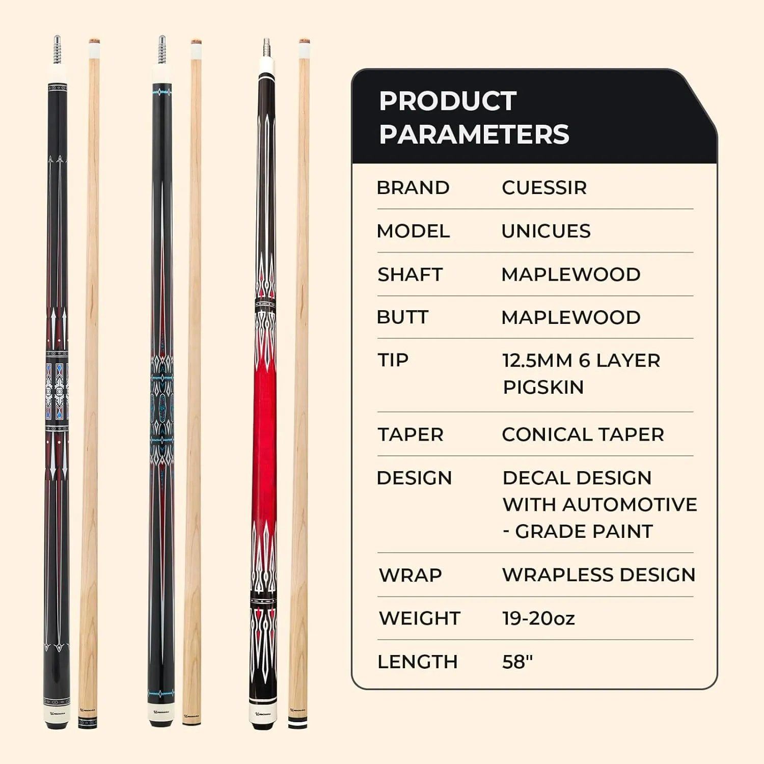 Unicues Premium Maple Wood Pool Cue Stick with Case, 58" Professional Cue Stick for Billiards with 12.5mm Tip, Grade A Canadian Maplewood Cue with Decal Design