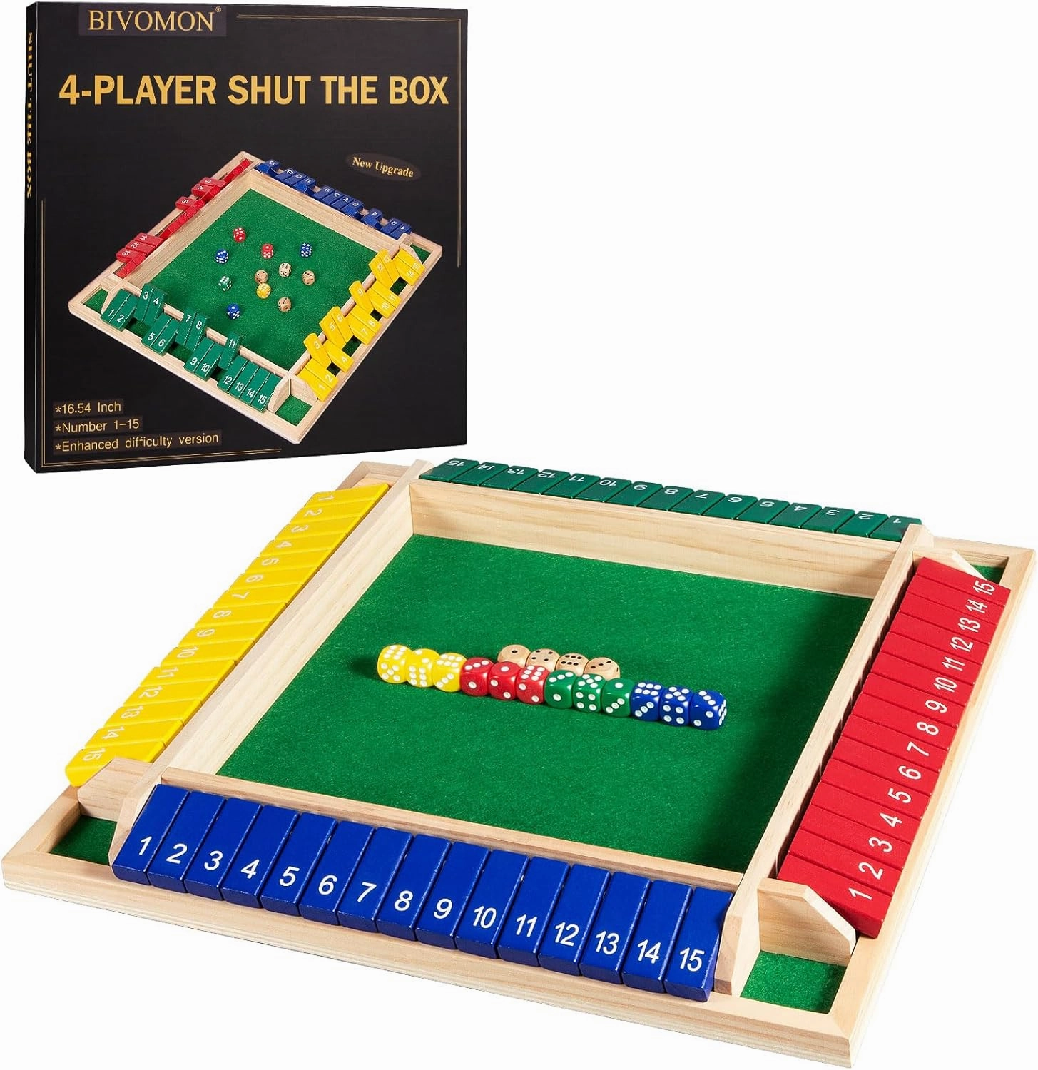 Upgraded 16.54'' Shut The Box Dice Game 4 Player-Colorful Wooden Close The Box Game with 15 Numbers   16 Dices- Tabletop Math Board Game Kids & Adults