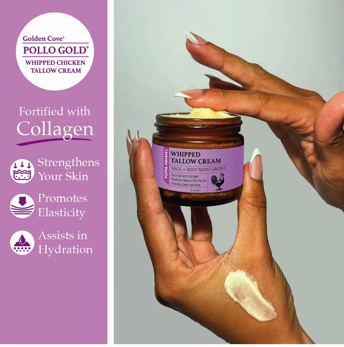 USA Handmade Whipped Chicken Tallow Cream - Packed with Collagen, Organic Face and Body Cream Infused with Organic Olive and Essential Oils. Sensitive-Skin, Eczema, Rosacea - 2 oz (Lavender Vanilla)