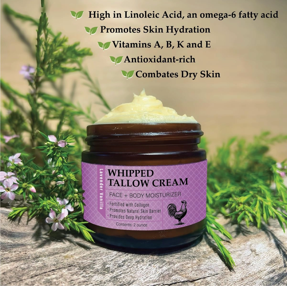 USA Handmade Whipped Chicken Tallow Cream - Packed with Collagen, Organic Face and Body Cream Infused with Organic Olive and Essential Oils. Sensitive-Skin, Eczema, Rosacea - 2 oz (Lavender Vanilla)