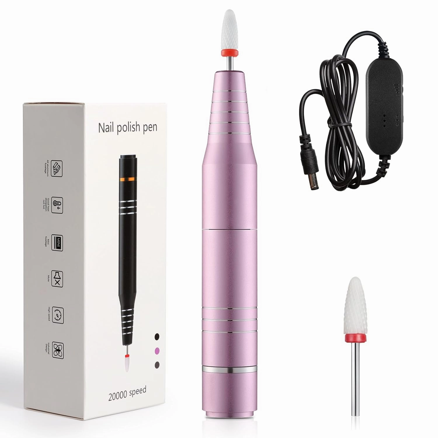 USB Electric Nail Drill, Portable Electric Nail File for Crystal Gel Nails, Manicure Pedicure Tools Polishing Set, Low Noise Manicure Set for Home and Salon Use (Pink)