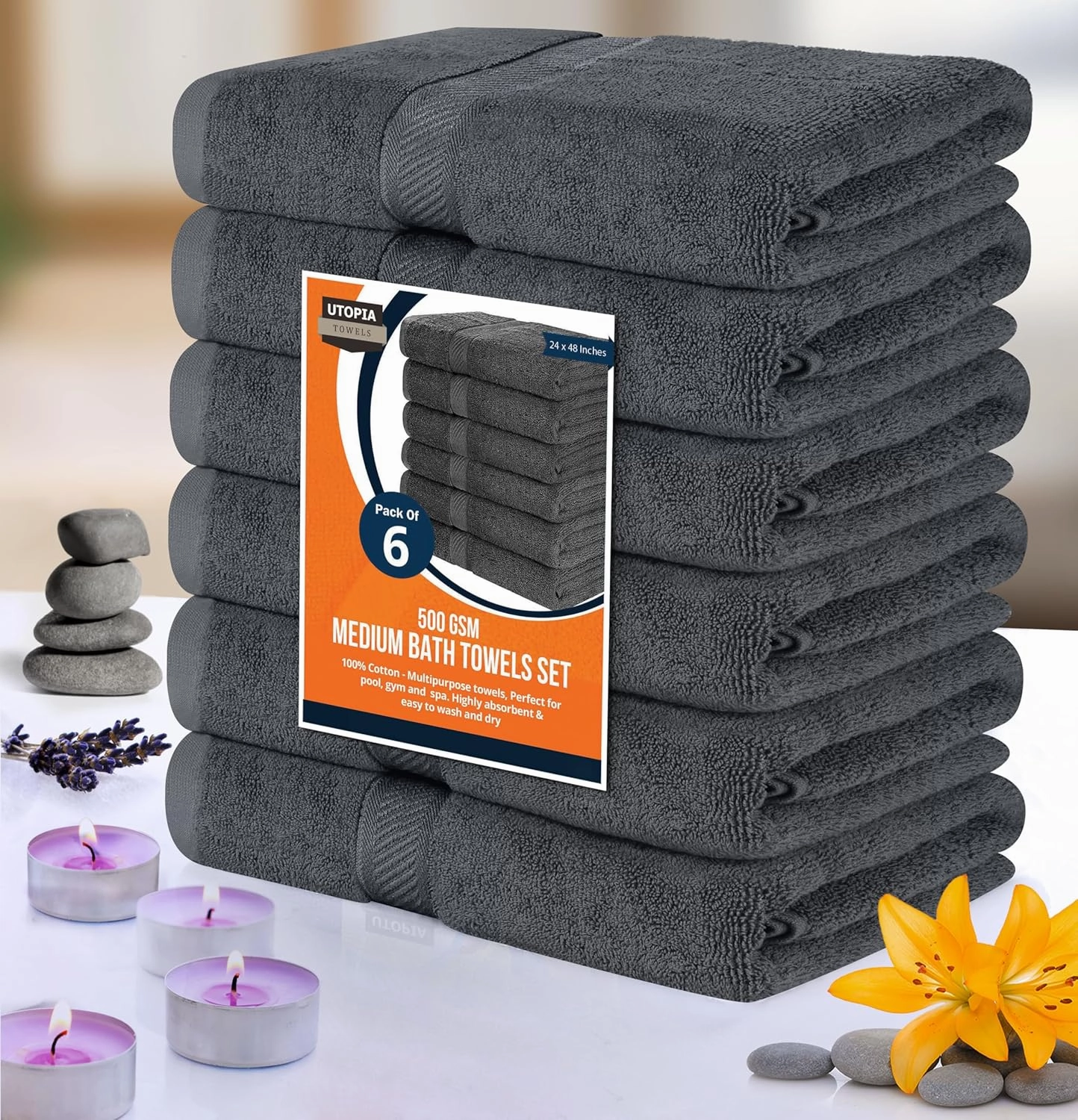 Utopia Towels 6 Pack Medium Bath Towel Set, 24 by 48 Inches, 500 GSM 100% Ring Spun Cotton, Lightweight and Highly Absorbent Quick Drying Premium Towels for Hotel, Spa and Bathroom, Grey