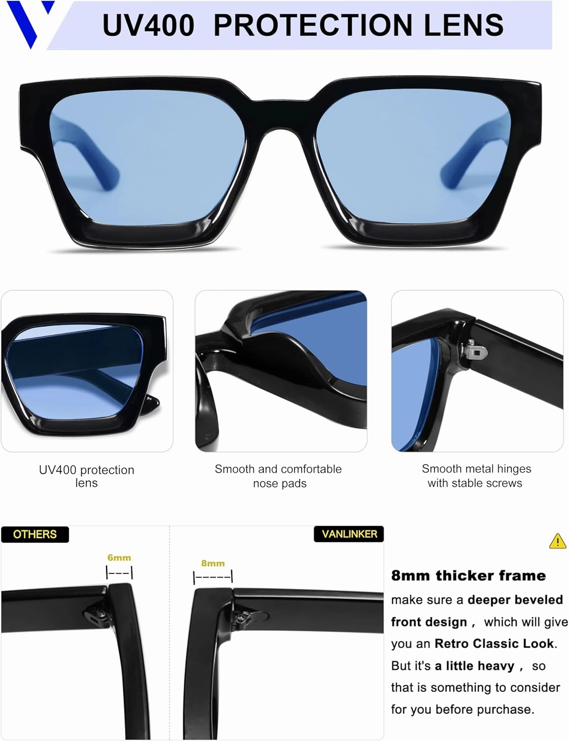VANLINKER Thick Square Sunglasses for Men Women Retro Chunky Rectangle Shades UV400 Protection VL9731
