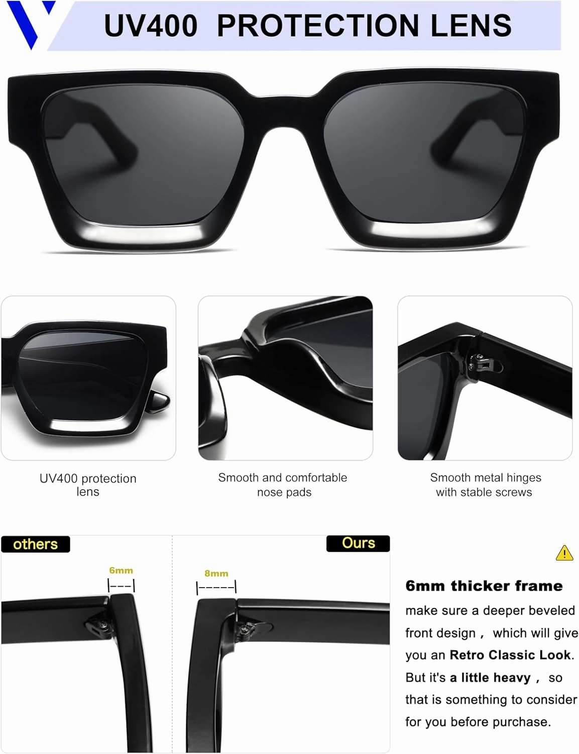 VANLINKER Thick Square Sunglasses for Men Women Retro Chunky Rectangle Shades UV400 Protection VL9731