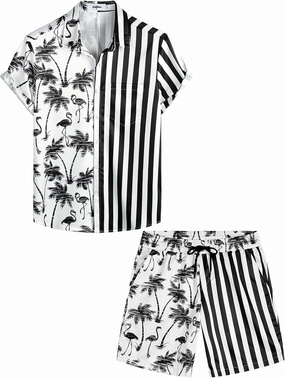 VATPAVE Mens Flamingo Hawaiian Sets Casual Short Sleeve Button Down Shirts Beach Outfits