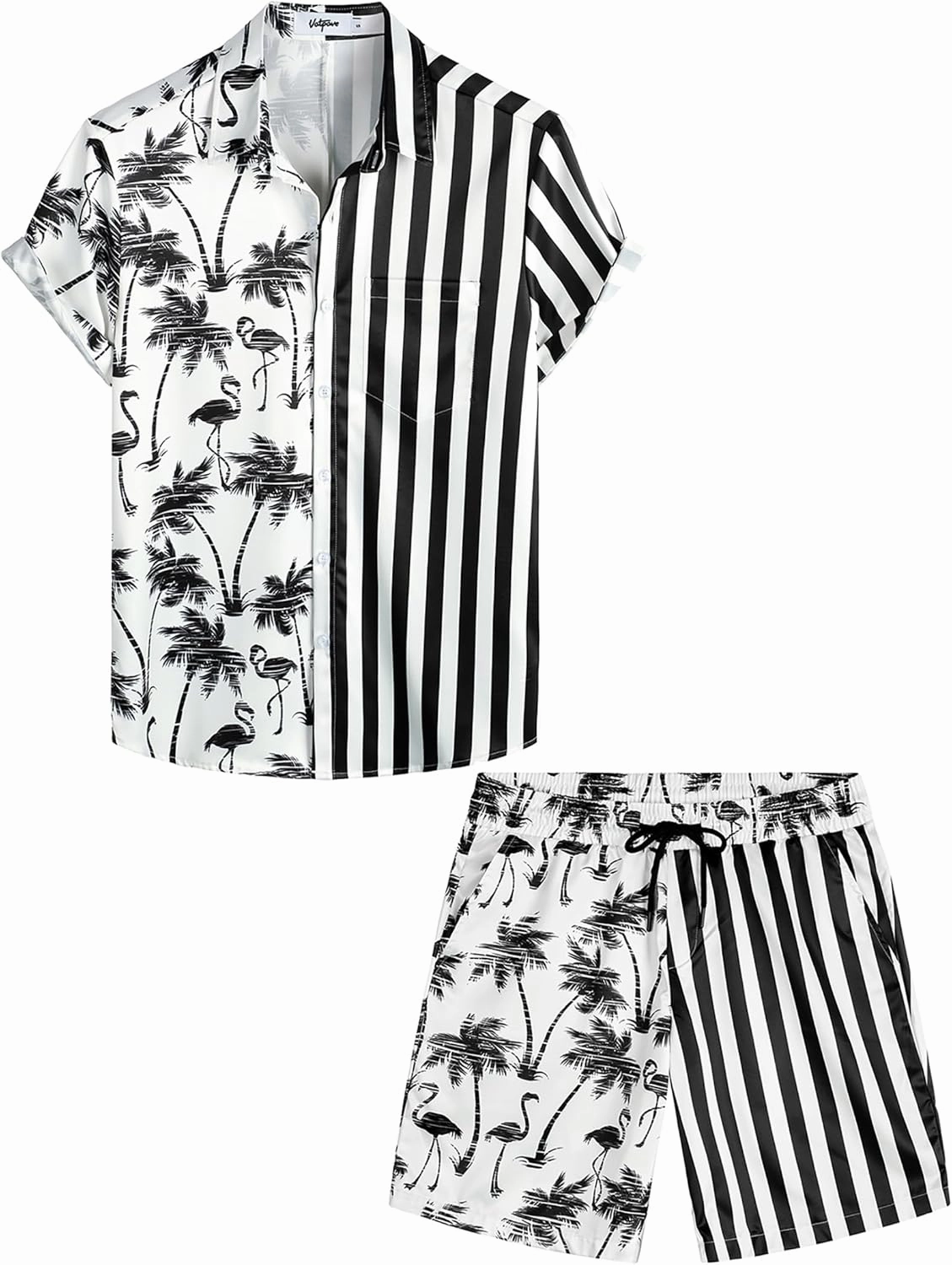 VATPAVE Mens Flamingo Hawaiian Sets Casual Short Sleeve Button Down Shirts Beach Outfits