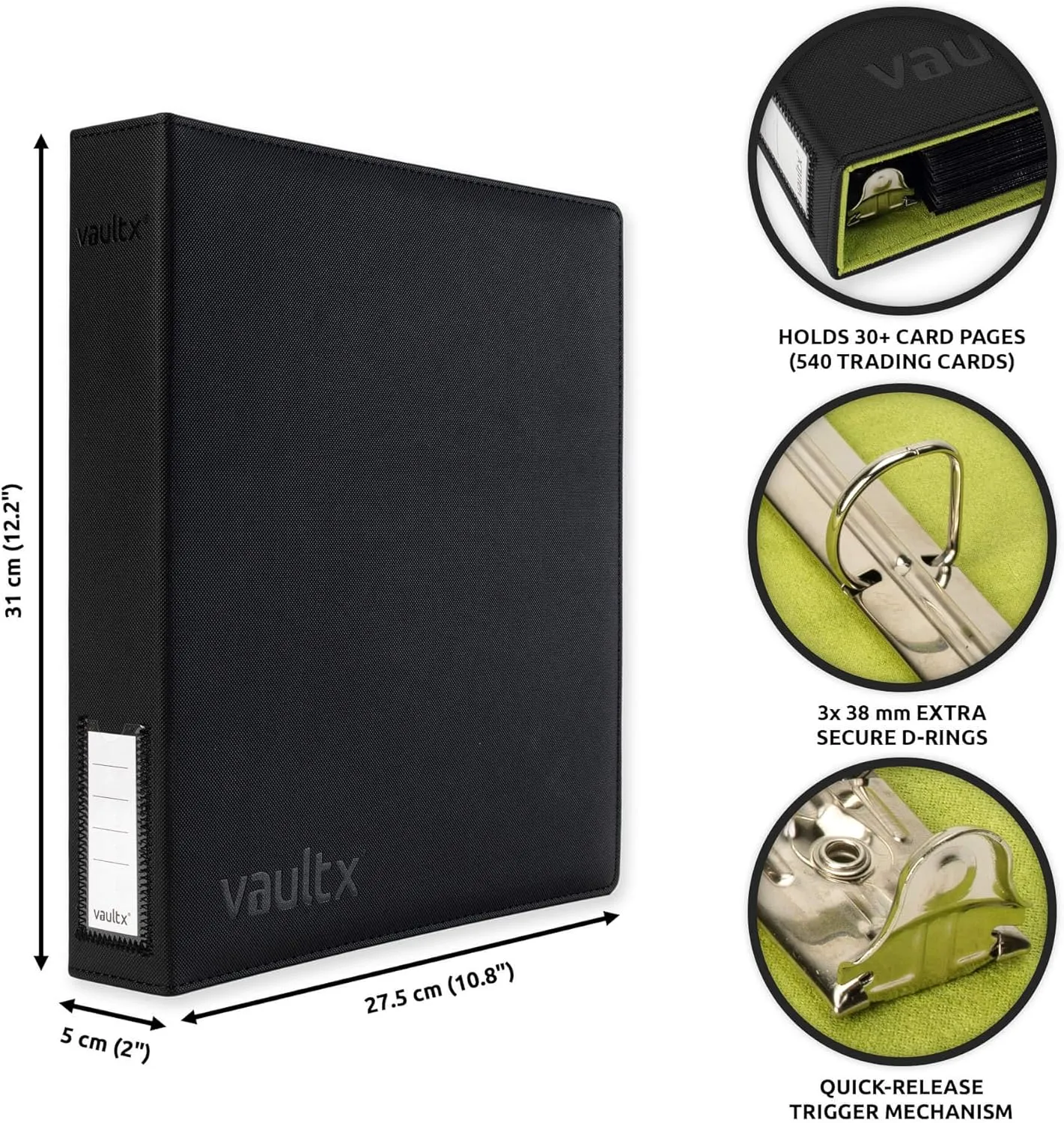 Vault X Trading Card 3 Ring Binder, fits 9 Pocket Pages, 540 cards, Exo-Tec Material, Easy Open, D-Ring Clip Folder for Collectible Card Games, Sports, TCG (Black/Electric Green, Slim)