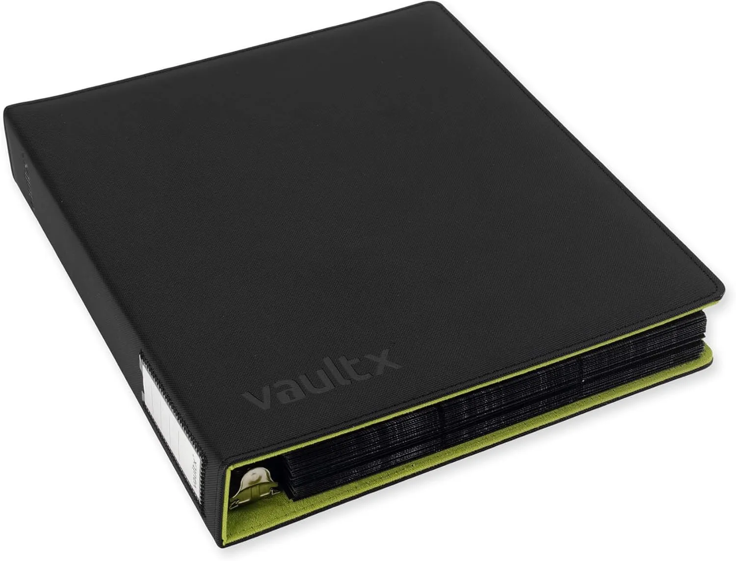 Vault X Trading Card 3 Ring Binder, fits 9 Pocket Pages, 540 cards, Exo-Tec Material, Easy Open, D-Ring Clip Folder for Collectible Card Games, Sports, TCG (Black/Electric Green, Slim)