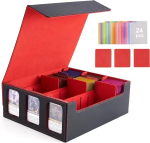 Venssu Card Storage Box for Trading Cards with Card Supporters, 2300  MTG Deck Box with 24 Colorful Divider Tabs, Trading Card Storage with Viewing Windows Fits for Magic Game(Black and Red)