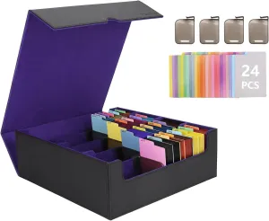 Venssu Card Storage Box For Trading Cards With Dedicated Card Supporters,3000  Mtg Deck Box With 24 Colorful Divider Tabs,Trading Card Storage Fits For Magic Game Cards (Black and Purple)
