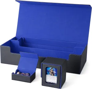Venssu MTG Deck Box Holds 5 Display Card Deck Boxes with Playmat and Dice Box,Includes 10 colorful dividers and 1 card supporter, Trading Card Storage Box For Magic Game Cards(Black and Blue)