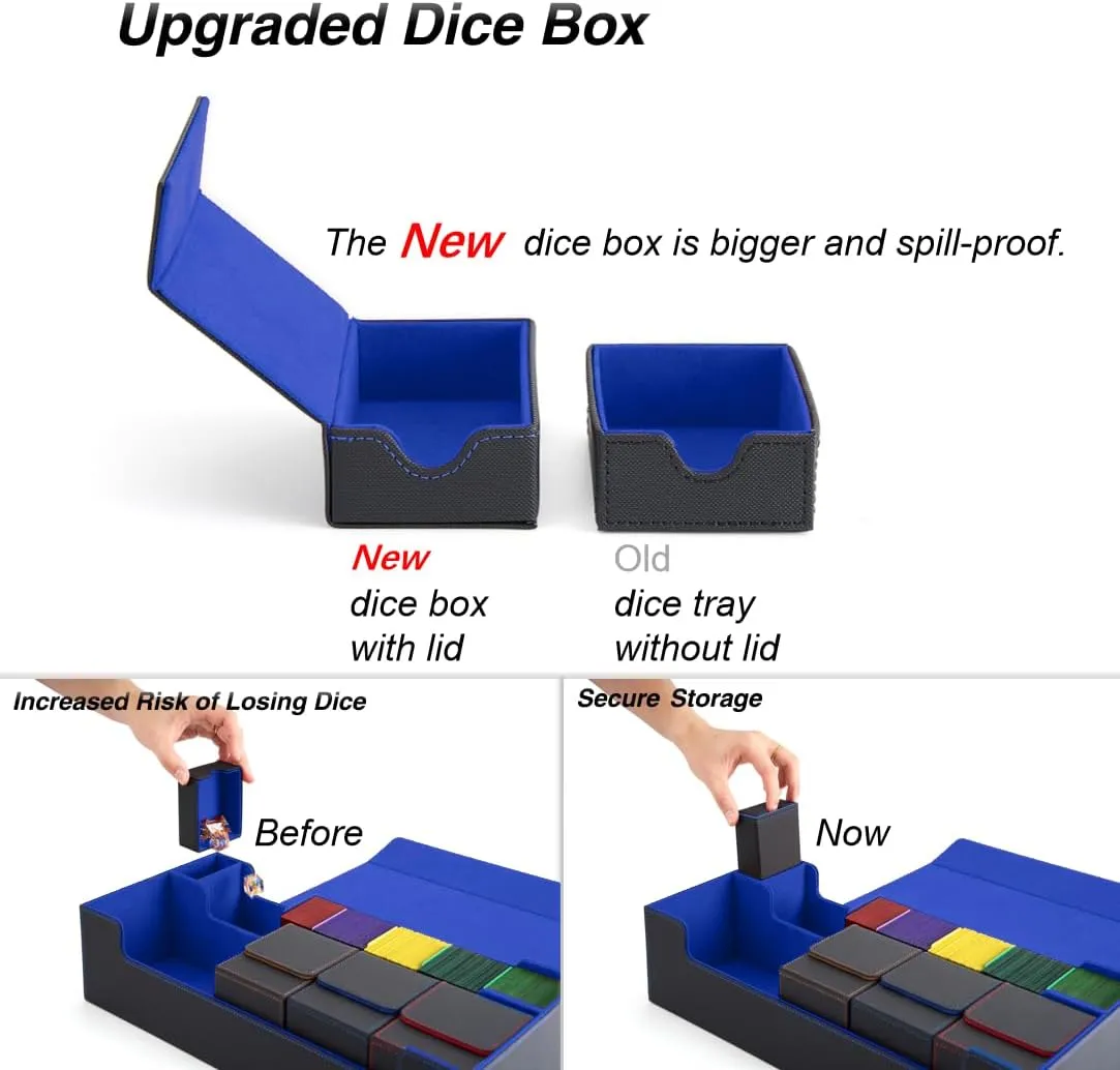 Venssu MTG Deck Box Holds 5 Display Card Deck Boxes with Playmat and Dice Box,Includes 10 colorful dividers and 1 card supporter, Trading Card Storage Box For Magic Game Cards(Black and Blue)