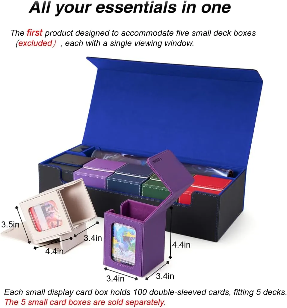 Venssu MTG Deck Box Holds 5 Display Card Deck Boxes with Playmat and Dice Box,Includes 10 colorful dividers and 1 card supporter, Trading Card Storage Box For Magic Game Cards(Black and Blue)