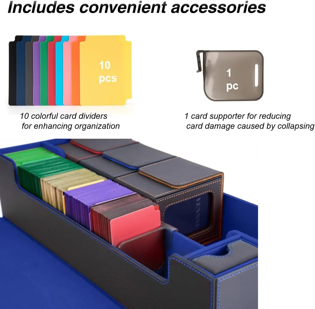Venssu MTG Deck Box Holds 5 Display Card Deck Boxes with Playmat and Dice Box,Includes 10 colorful dividers and 1 card supporter, Trading Card Storage Box For Magic Game Cards(Black and Blue)