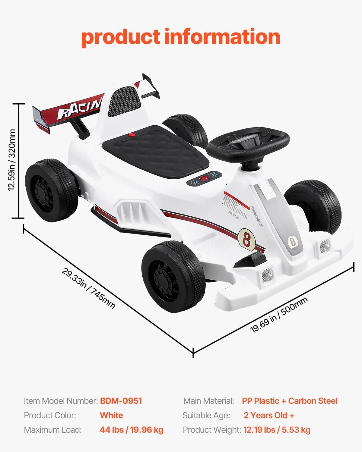 VEVOR Electric Go Kart, 6V 4.5Ah Battery, Pedal Go Kart Portable Outdoor Race Toy for Kids Ages 2 , 20000 RPM Motor, 2 MPH Constant Speed, LED Headlight & Horn, Non-Slip Tires, 44 lbs Max Load, White