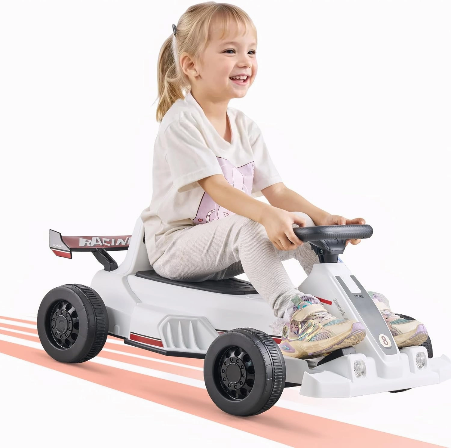 VEVOR Electric Go Kart, 6V 4.5Ah Battery, Pedal Go Kart Portable Outdoor Race Toy for Kids Ages 2 , 20000 RPM Motor, 2 MPH Constant Speed, LED Headlight & Horn, Non-Slip Tires, 44 lbs Max Load, White