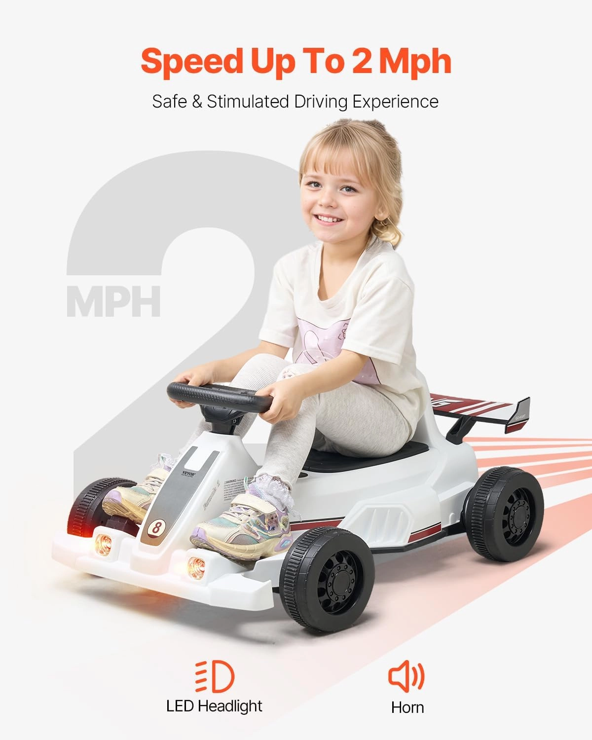 VEVOR Electric Go Kart, 6V 4.5Ah Battery, Pedal Go Kart Portable Outdoor Race Toy for Kids Ages 2 , 20000 RPM Motor, 2 MPH Constant Speed, LED Headlight & Horn, Non-Slip Tires, 44 lbs Max Load, White