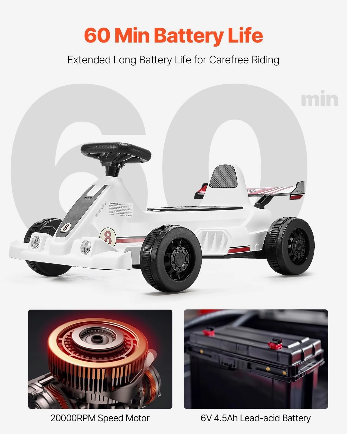 VEVOR Electric Go Kart, 6V 4.5Ah Battery, Pedal Go Kart Portable Outdoor Race Toy for Kids Ages 2 , 20000 RPM Motor, 2 MPH Constant Speed, LED Headlight & Horn, Non-Slip Tires, 44 lbs Max Load, White
