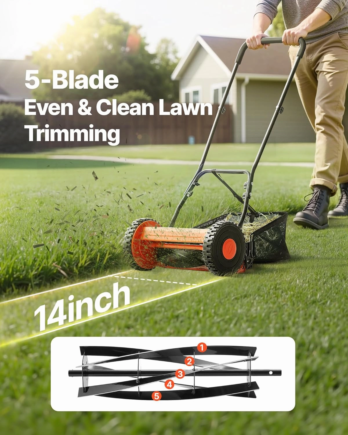 VEVOR Push Reel Lawn Mower 14 inch, 5 Blades Manual Push Mower No Motor, 0.6-1.75 in Adjustable Cutting Height, Walk-Behind Lawn Mowers with Grass Catcher Bag for Green Lawns, Driveways, Courtyards