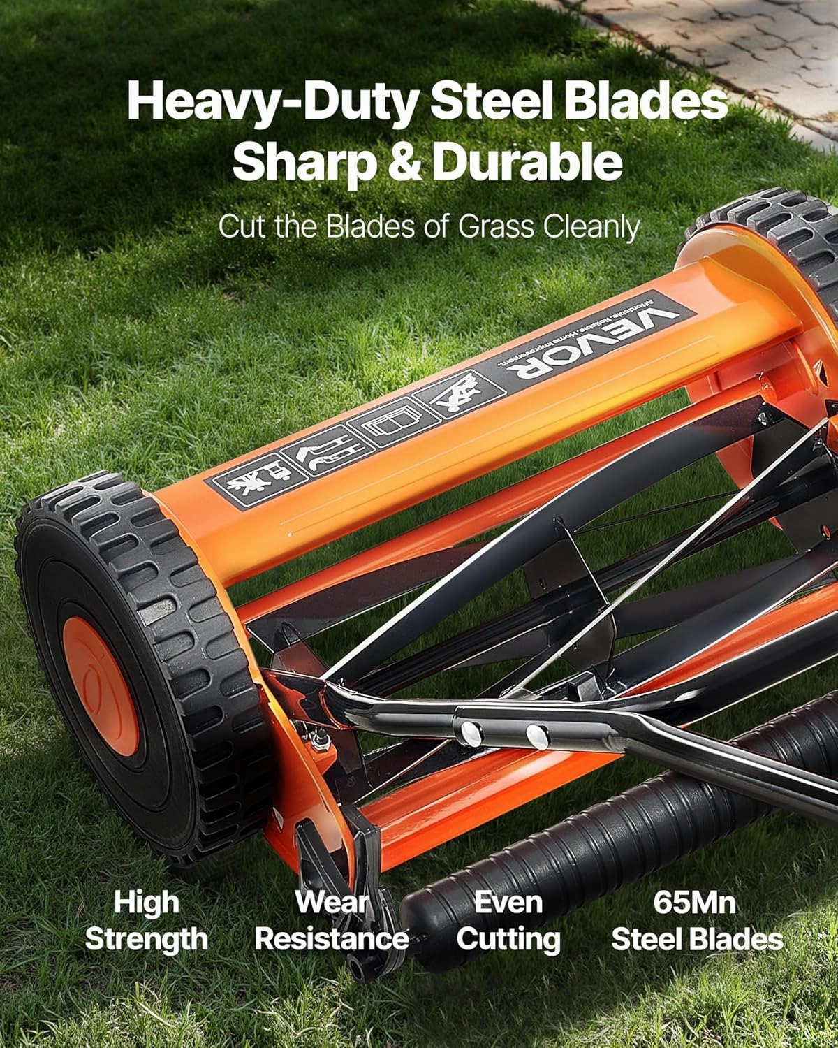 VEVOR Push Reel Lawn Mower 14 inch, 5 Blades Manual Push Mower No Motor, 0.6-1.75 in Adjustable Cutting Height, Walk-Behind Lawn Mowers with Grass Catcher Bag for Green Lawns, Driveways, Courtyards