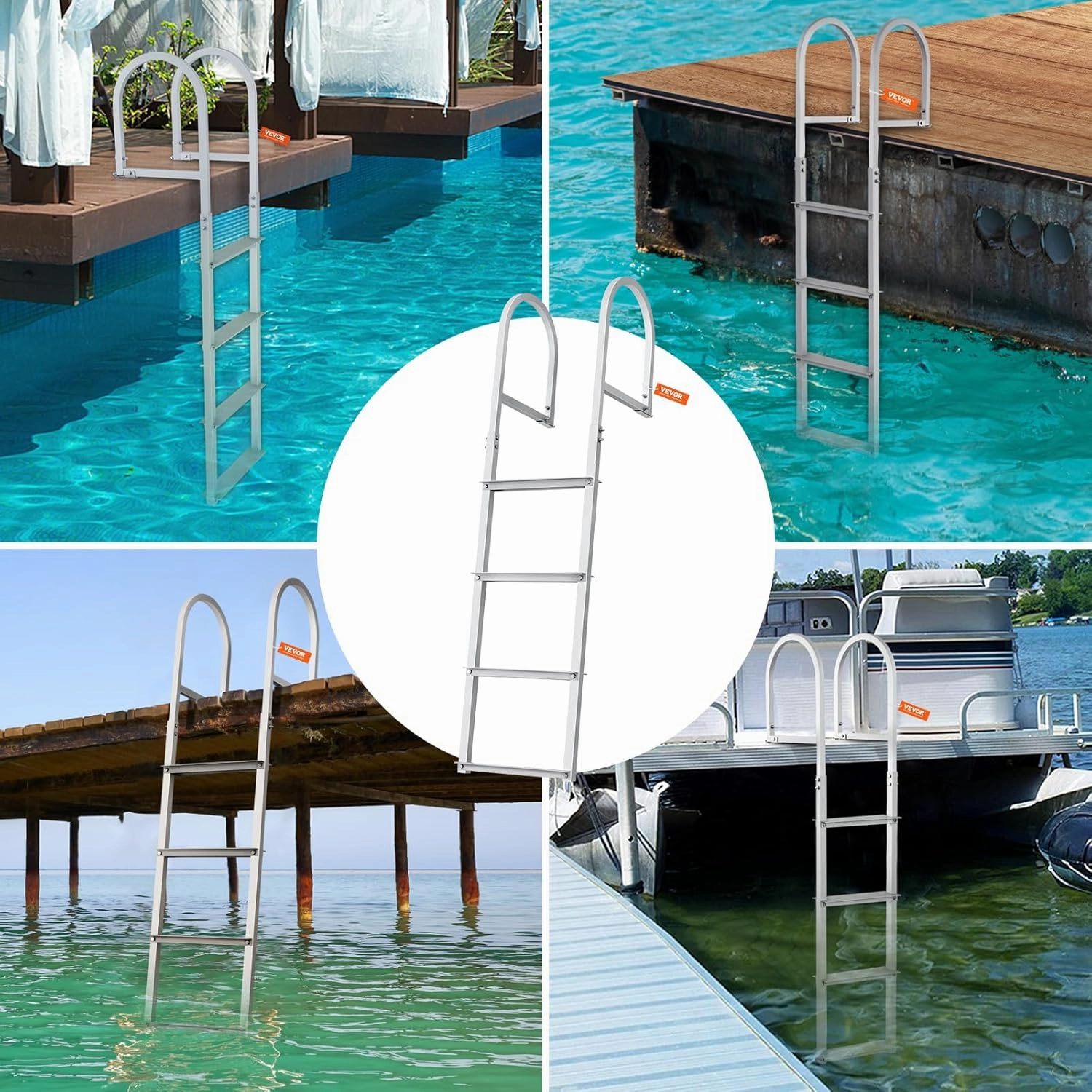 VEVOR Removable Dock Ladder 3/4/5 Steps, 350/500lbs Load Capacity, Aluminum Swim Ladders, Pontoon Boat Ladder with Nonslip Design for Lake, Marine Boarding, Pool