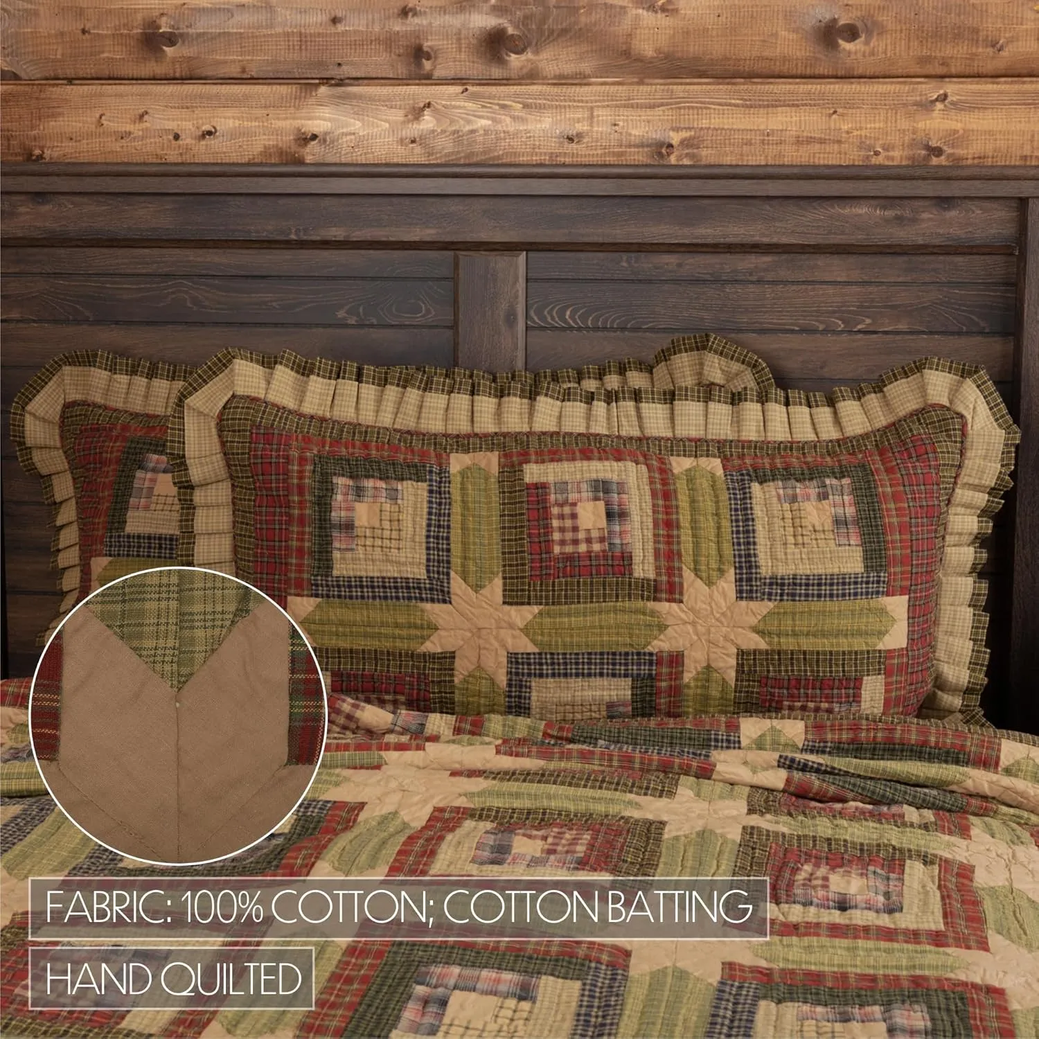 VHC Brands Tea Cabin Rustic King Sham Green Patchwork Cotton Hand Quilted Rectangle Bedroom Decor