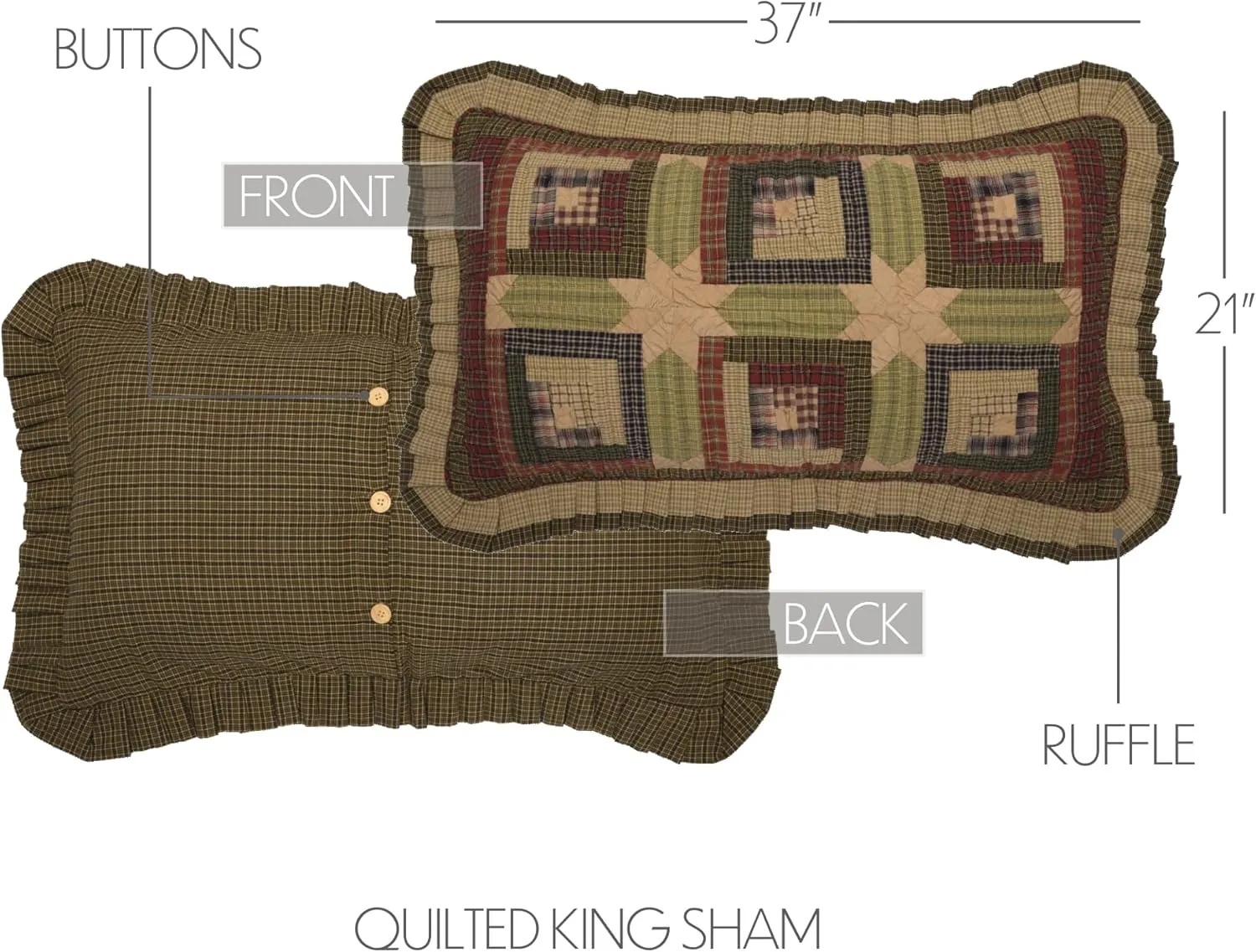 VHC Brands Tea Cabin Rustic King Sham Green Patchwork Cotton Hand Quilted Rectangle Bedroom Decor