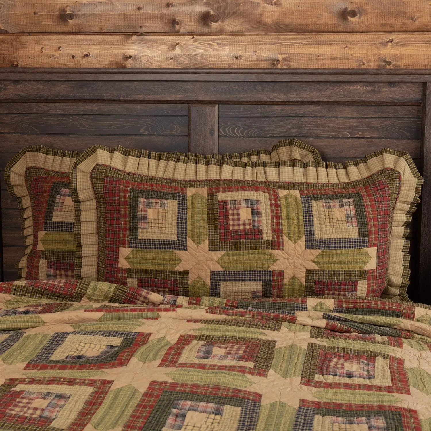 VHC Brands Tea Cabin Rustic King Sham Green Patchwork Cotton Hand Quilted Rectangle Bedroom Decor