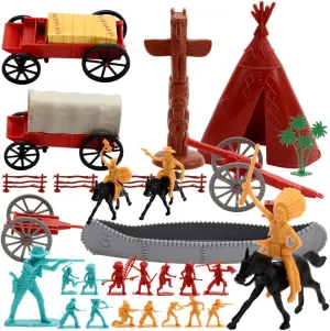 ViiKONDO Army Men Toy Indians Cowboys West Battle Wargame Playset Plastic Soldier Figure with Carriage Cannon Tent Map Horse (45 pcs