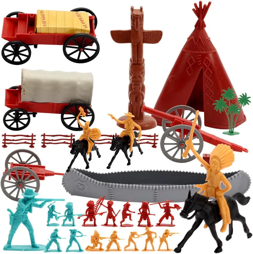 ViiKONDO Army Men Toy Indians Cowboys West Battle Wargame Playset Plastic Soldier Figure with Carriage Cannon Tent Map Horse (45 pcs